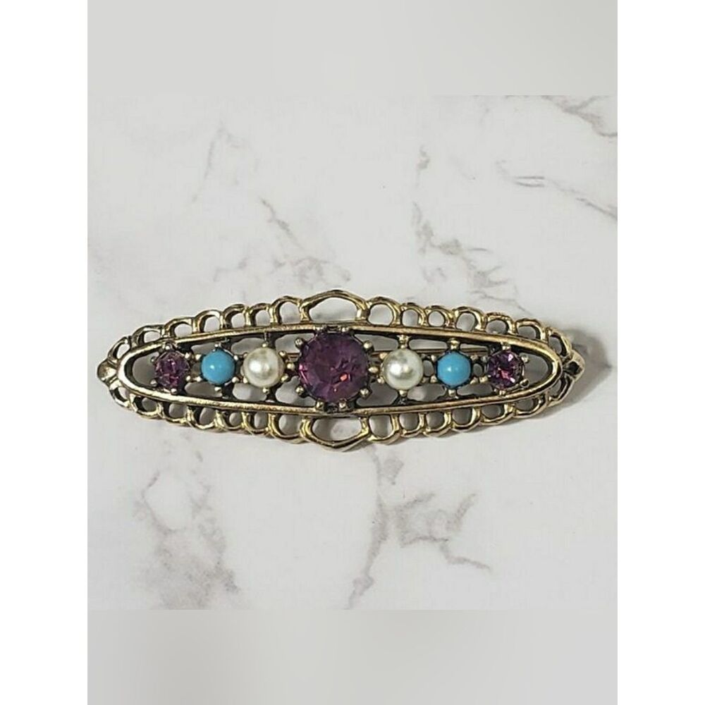 Vintage Emmons Amethyst Crystal Faux Pearl Victorian Brooch Pin